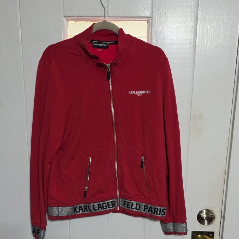 Karl Lagerfield Paris Women's Zip Front Jacket Red/Black/Sparkly Silver Sz L EUC